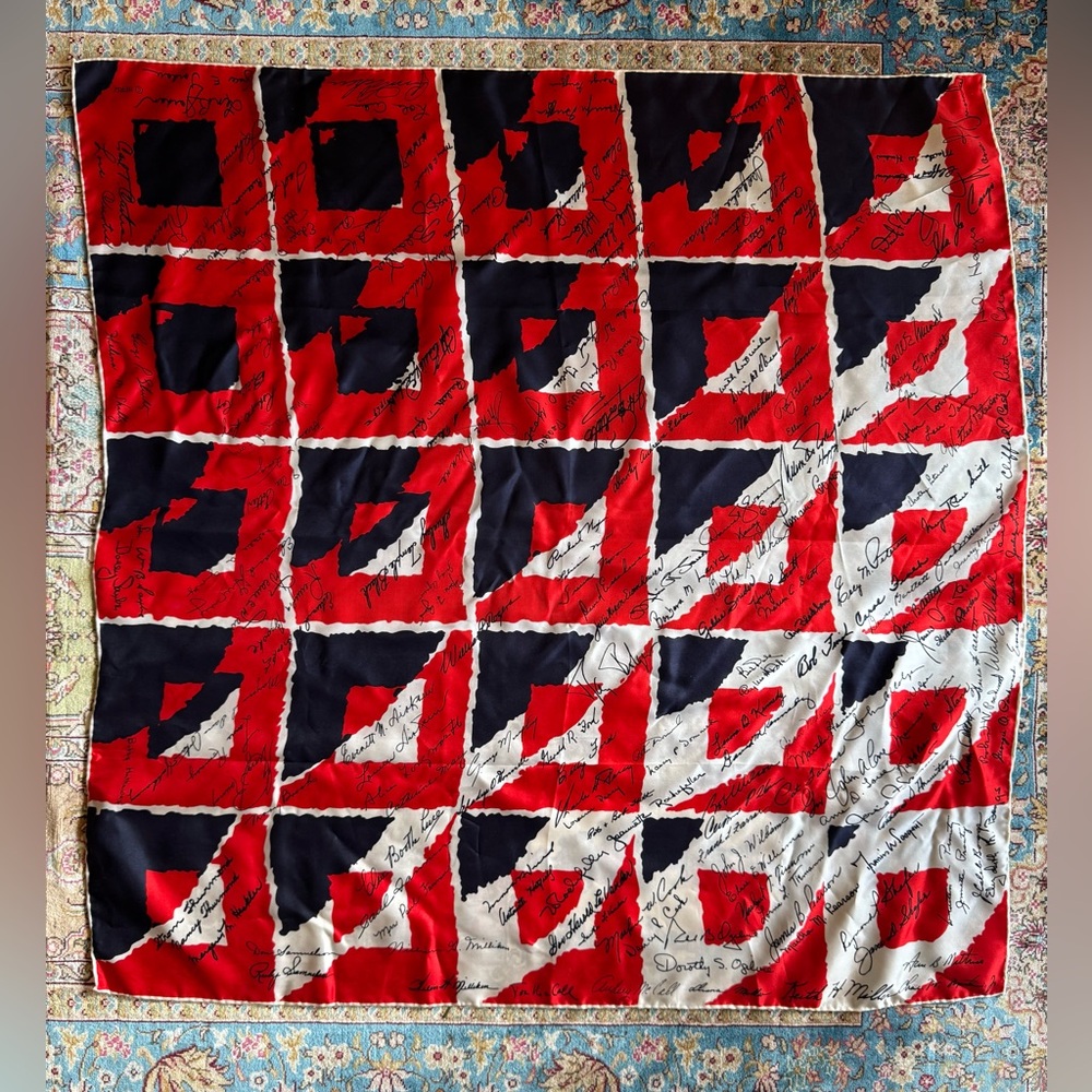 Vintage Silk Echo Scarf 30” Sq Red Navy White NFRW Political Signatures